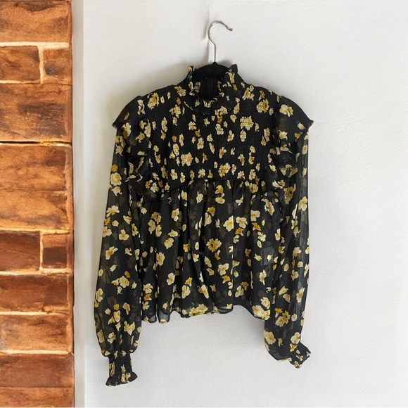 Elegant Floral Black and Yellow Ruffled Puff Sleeve Blouse - Picture 4 of 9